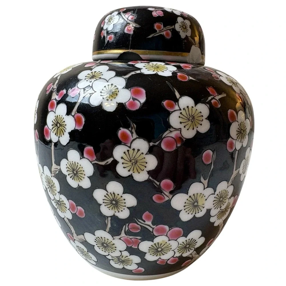 Vintage Japanese Cloisonne Ginger Jar Cherry Blossom Mid century Cloisonne vase